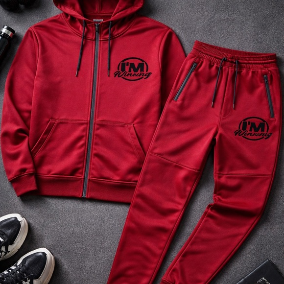 Men's Red Jogger Sweatpants Set with Hoodie -